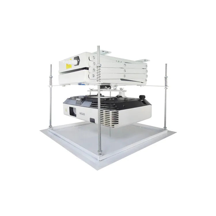 Electric ceiling projector lifting hanger with ultra-thin chassis and wireless remote control on a white background.