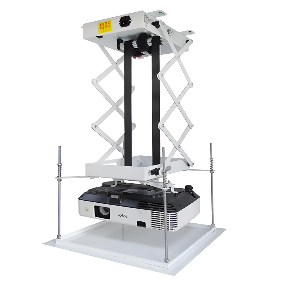 Electric ceiling projector lifting hanger with ultra-thin chassis and wireless remote control on a white background.
