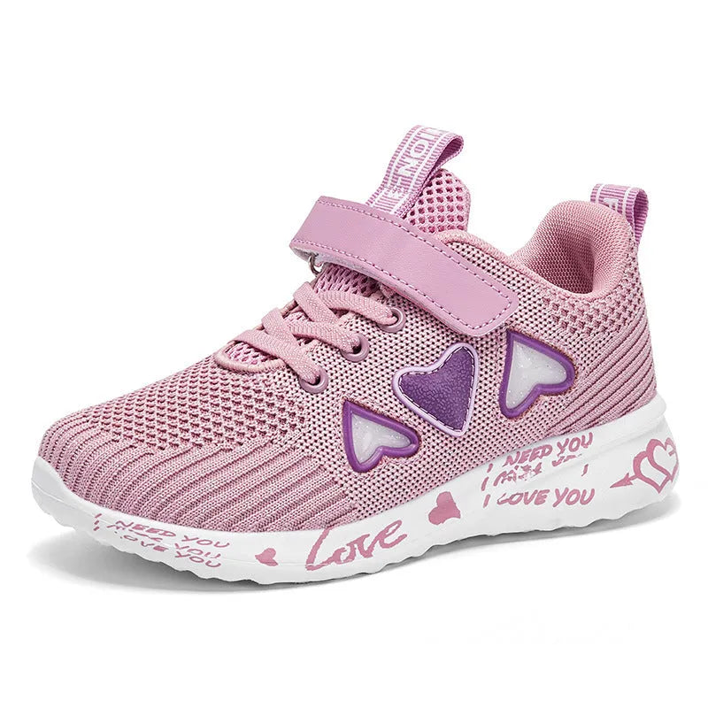Children's pink mesh sneakers with velcro fastening and cartoon patterns