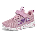 Children's pink mesh sneakers with velcro fastening and cartoon patterns