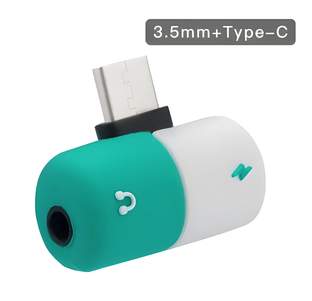 Blue Huawei phone charging audio adapter case showing 3.5mm jack and charging port.