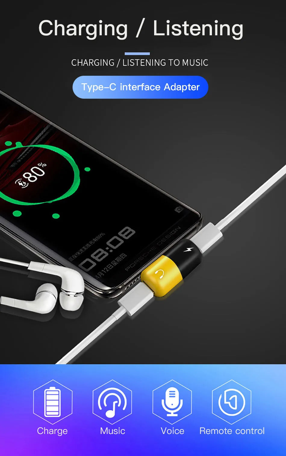 Blue Huawei phone charging audio adapter case showing 3.5mm jack and charging port.