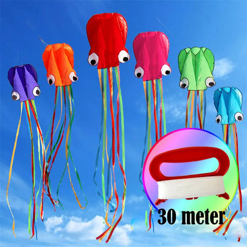 Large 4-metre octopus soft kite in red with 30-metre line and control handle on beach
