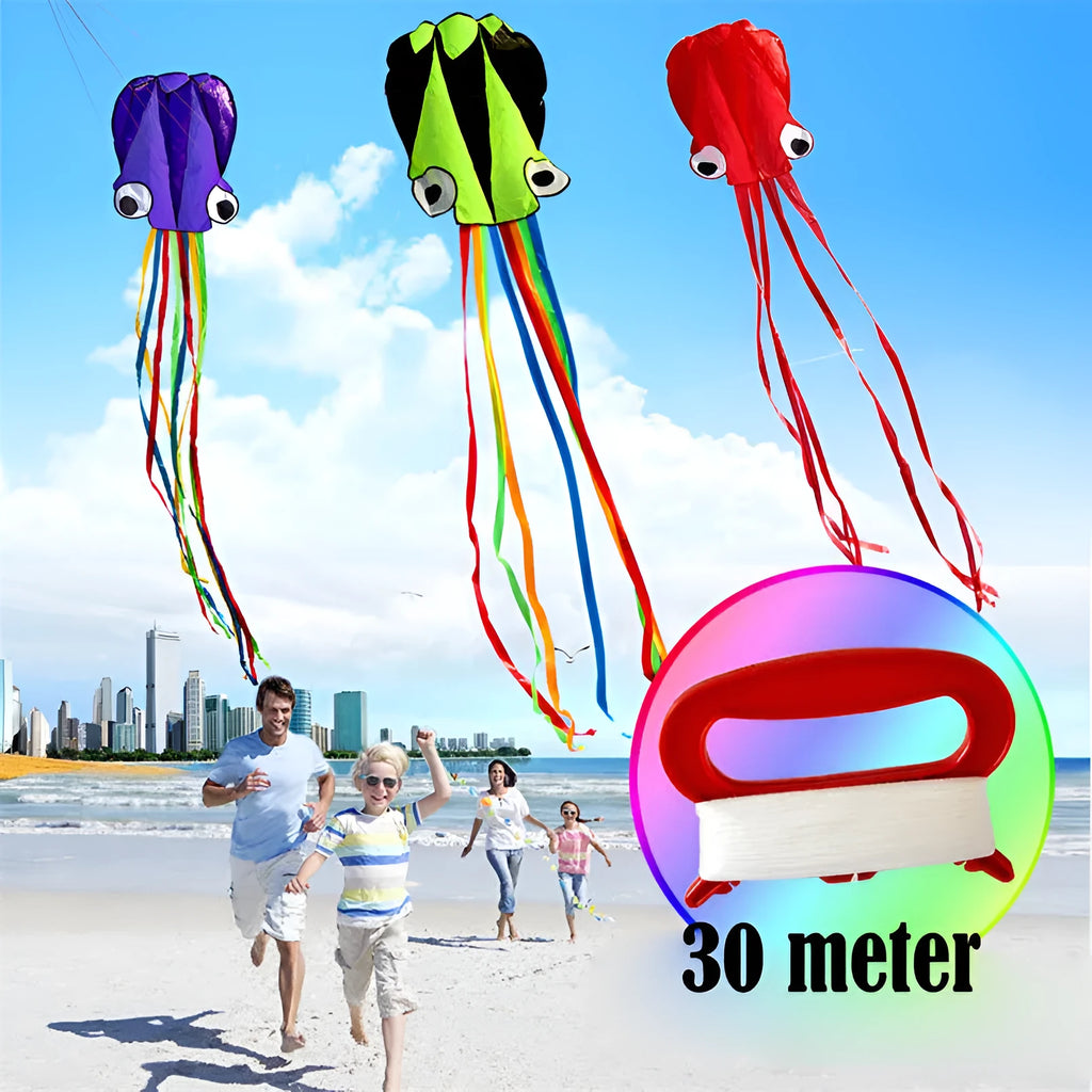 Large 4-metre octopus soft kite in red with 30-metre line and control handle on beach