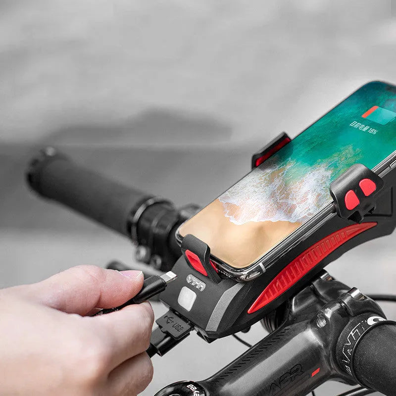 Black 4 in 1 cycling phone holder and front light with 4000mAh battery, mounted on handlebar
