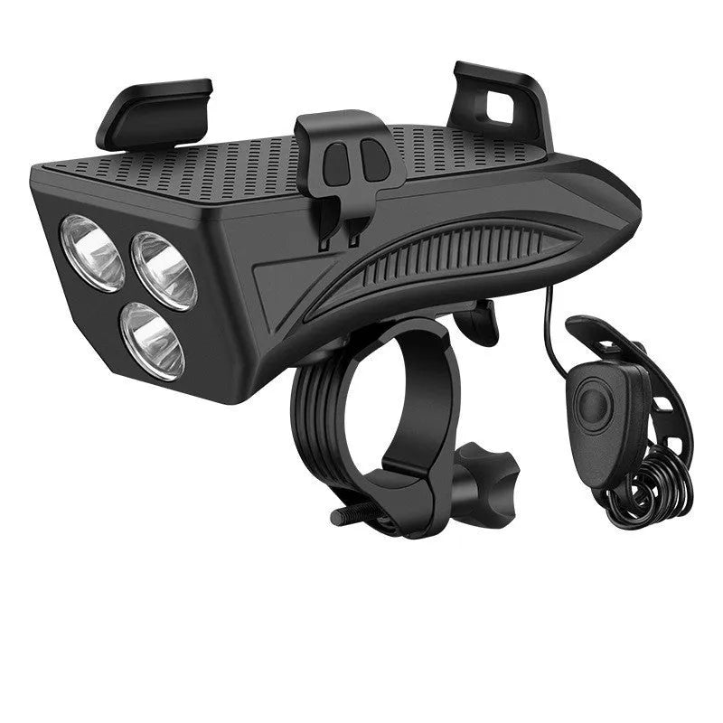 Black 4 in 1 cycling phone holder and front light with 4000mAh battery, mounted on handlebar