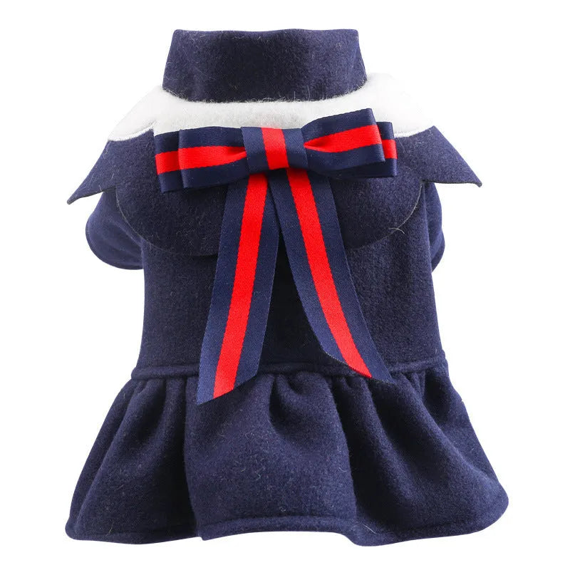 British style woolen cloth pet costume skirt for dog or cat in autumn winter, navy blue colour on model