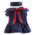 British style woolen cloth pet costume skirt for dog or cat in autumn winter, navy blue colour on model