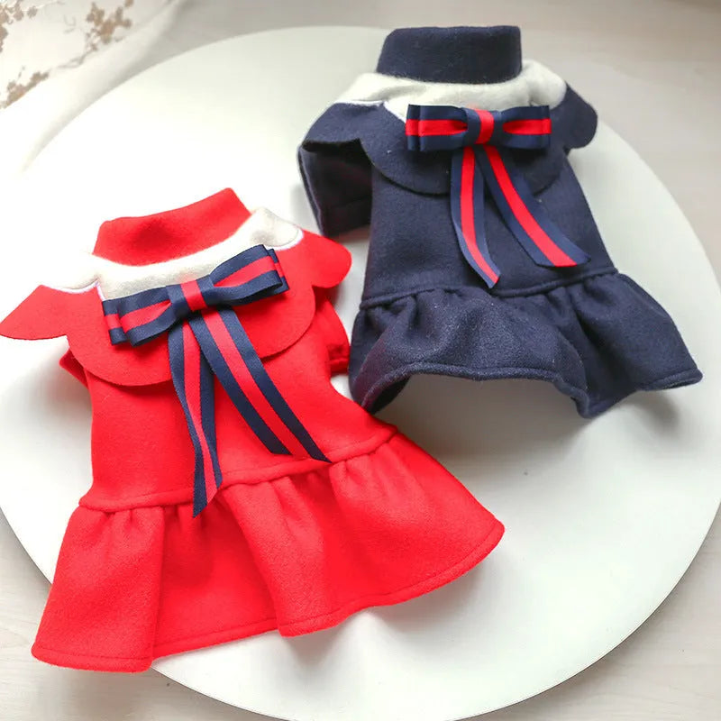 British style woolen cloth pet costume skirt for dog or cat in autumn winter, navy blue colour on model