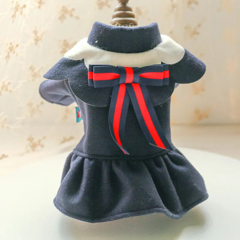 British style woolen cloth pet costume skirt for dog or cat in autumn winter, navy blue colour on model