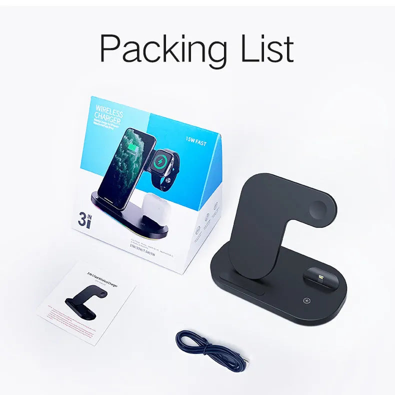 Black foldable 3-in-1 wireless charging station for iPhone, Apple Watch and Airpods Pro