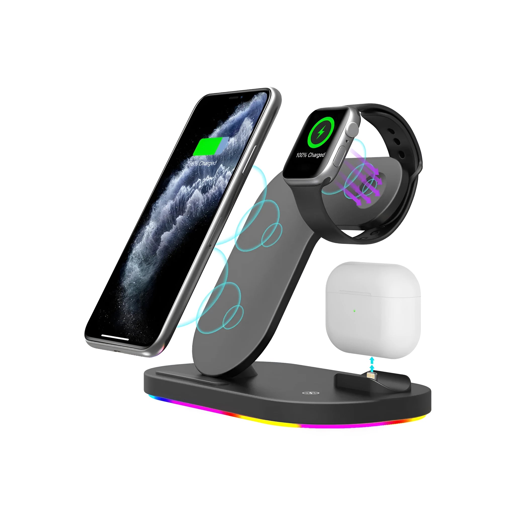 Black foldable 3-in-1 wireless charging station for iPhone, Apple Watch and Airpods Pro
