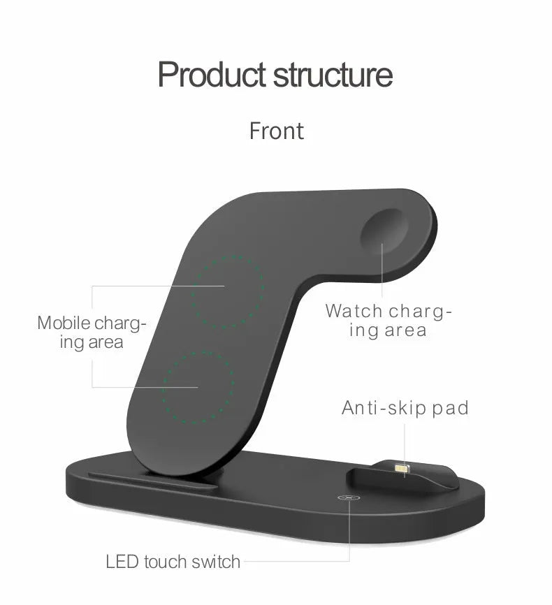 Black foldable 3-in-1 wireless charging station for iPhone, Apple Watch and Airpods Pro