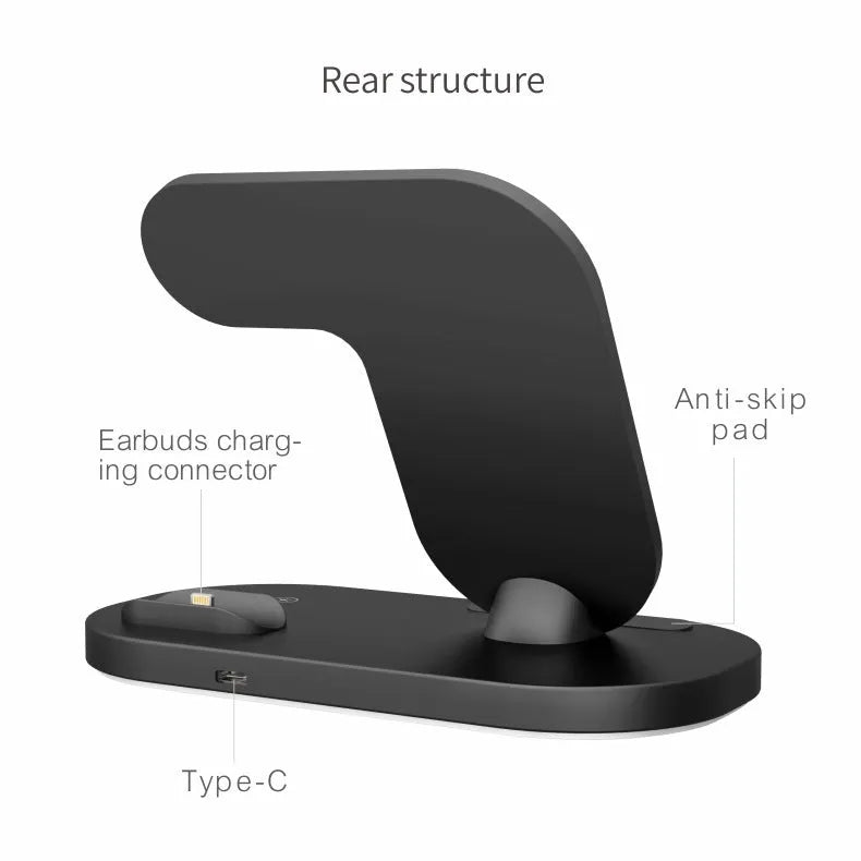 Black foldable 3-in-1 wireless charging station for iPhone, Apple Watch and Airpods Pro