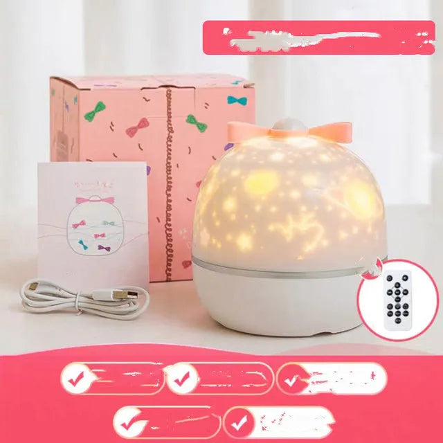 Rechargeable rotating starry projector light showing galaxy projection on a ceiling, available in six colour and style options.