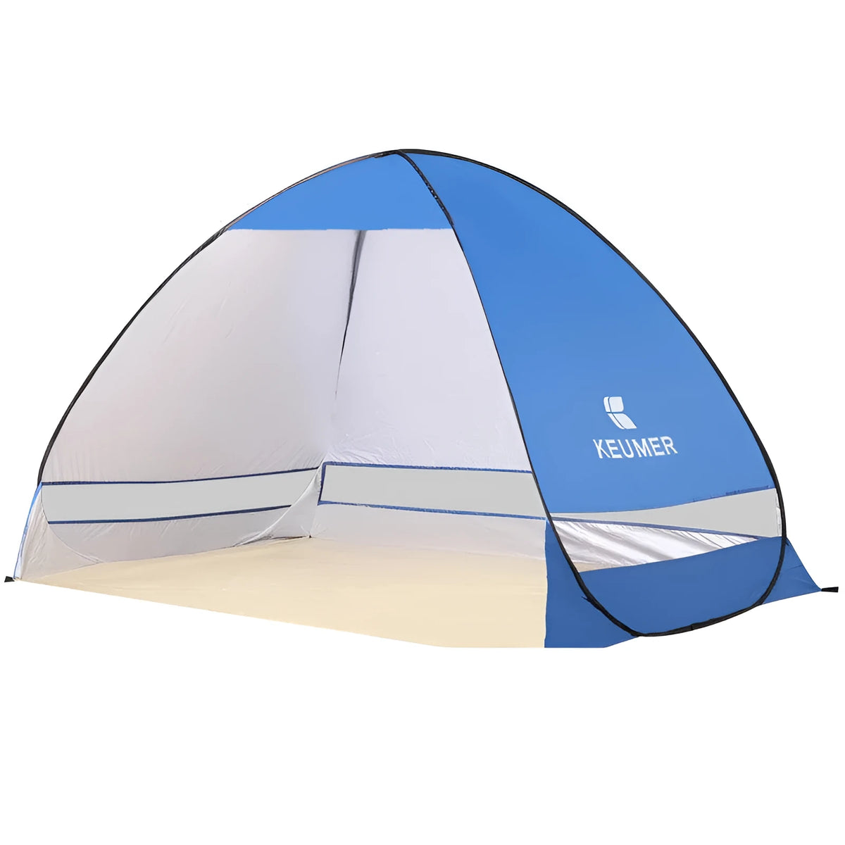 Ultra-light folding beach tent with steel frame, PE base and 200x120x130cm one-bedroom one-hall layout in blue.