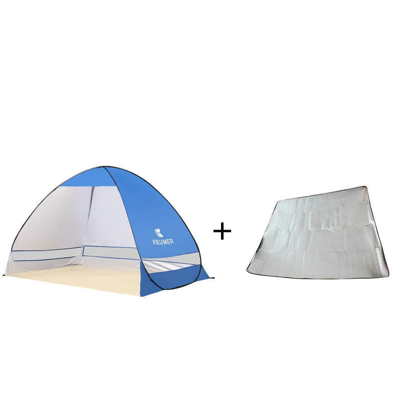 Ultra-light folding beach tent with steel frame, PE base and 200x120x130cm one-bedroom one-hall layout in blue.