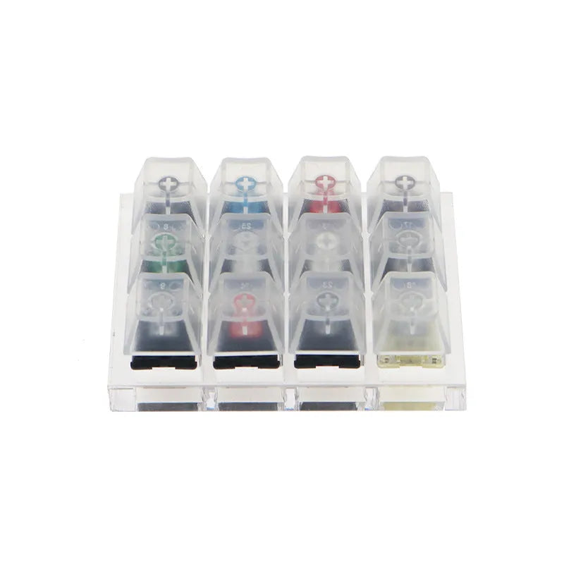 Cherry MX mechanical keyboard switch test kit with twelve different switches including Black, Green and Tea variants