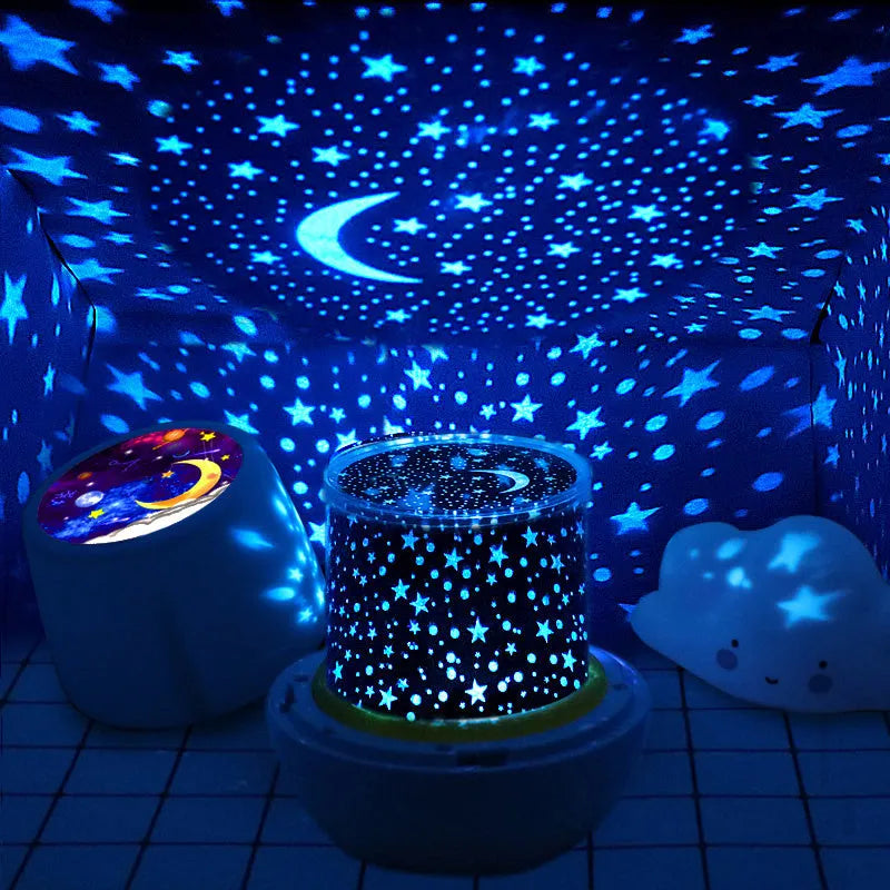 Pruixin rotating projector night light displaying star patterns on a bedroom wall.