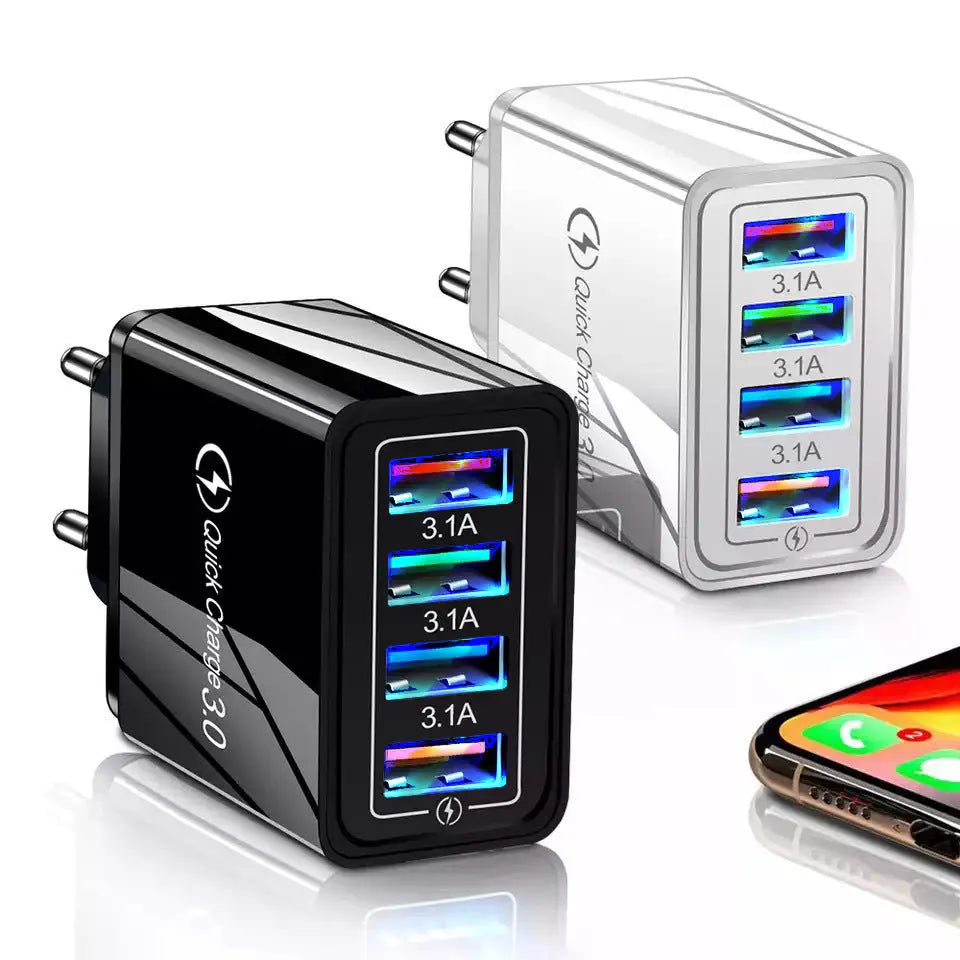 4USB mobile phone charger with luminous indicator in various colour options