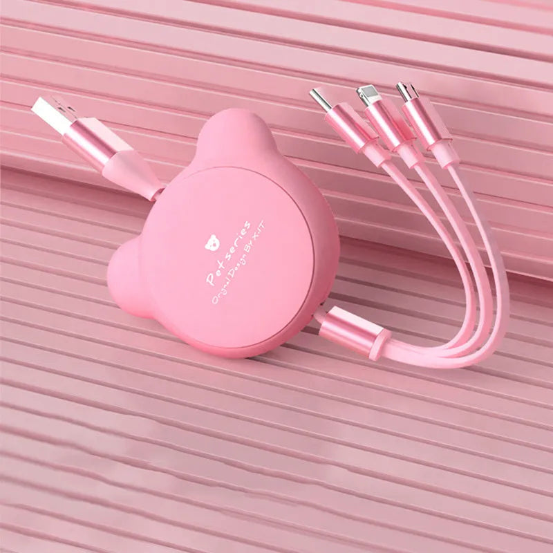 Telescopic bear-shaped 3-in-1 charging cable extended, showing Mini USB, 30PIN, and Micro USB connectors.