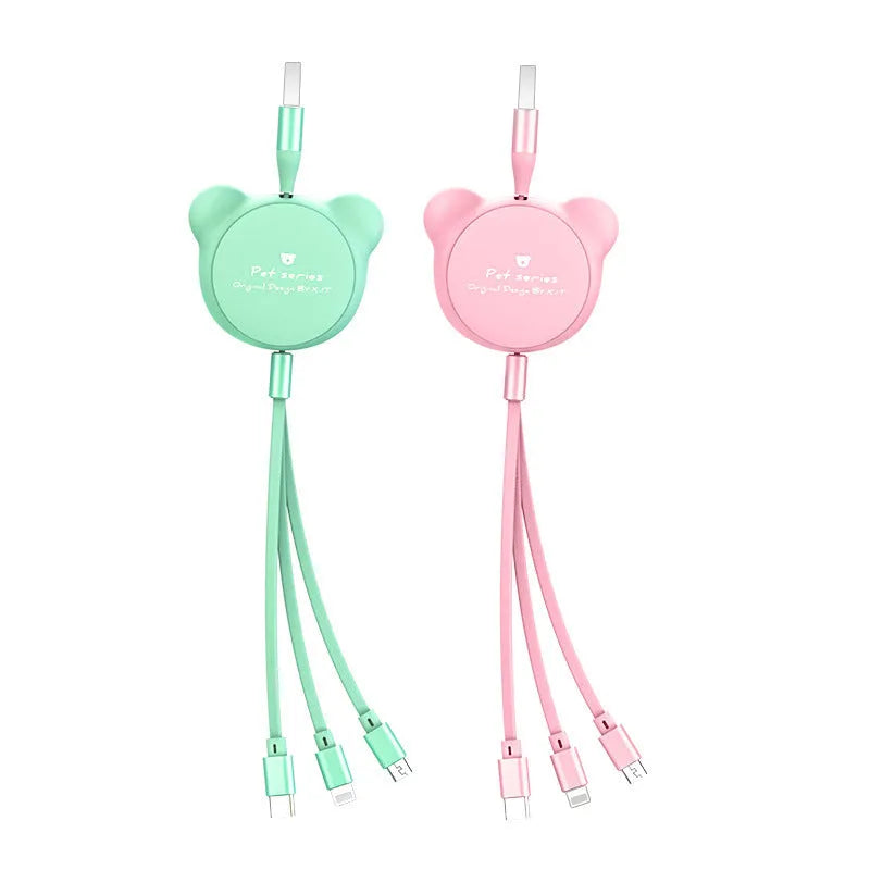 Telescopic bear-shaped 3-in-1 charging cable extended, showing Mini USB, 30PIN, and Micro USB connectors.