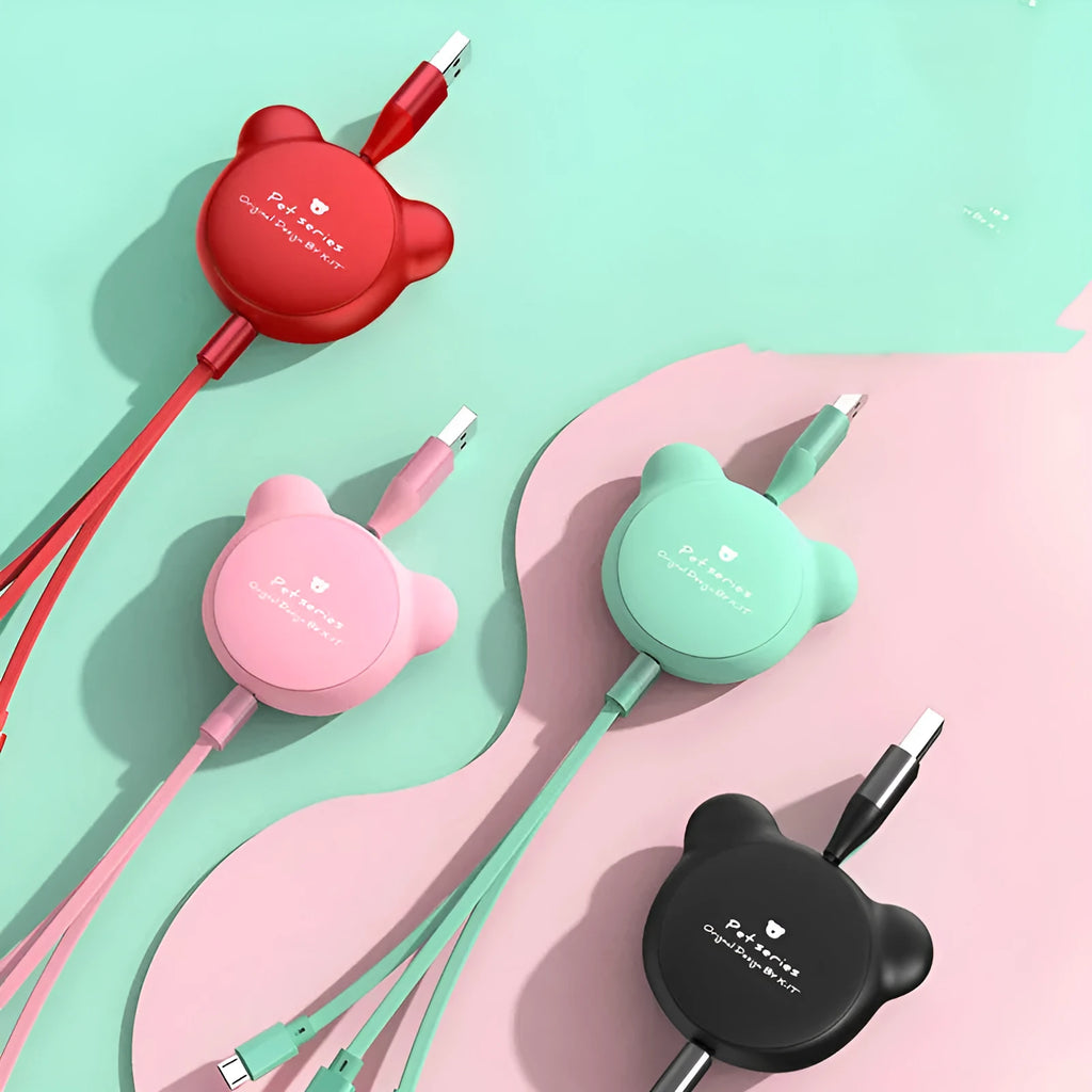 Telescopic bear-shaped 3-in-1 charging cable extended, showing Mini USB, 30PIN, and Micro USB connectors.