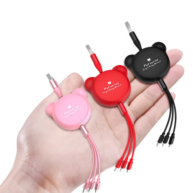 Telescopic bear-shaped 3-in-1 charging cable extended, showing Mini USB, 30PIN, and Micro USB connectors.