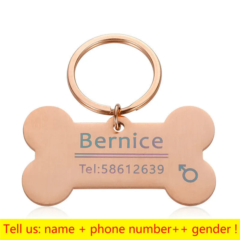 Stainless steel dog bone shaped pet identity tag in natural style with collar attachment ring