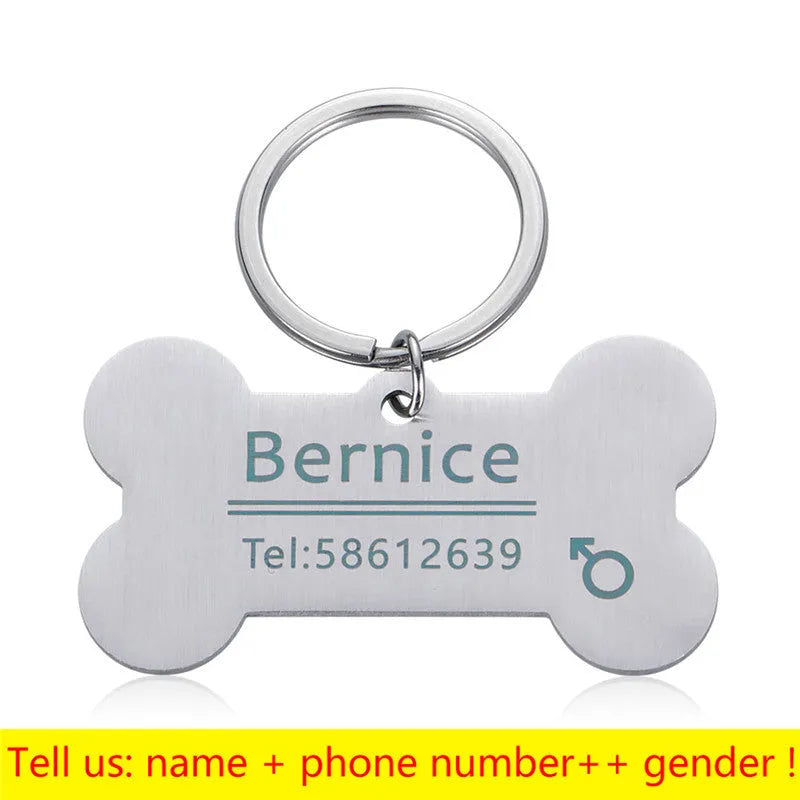 Stainless steel dog bone shaped pet identity tag in natural style with collar attachment ring