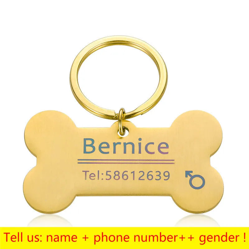Stainless steel dog bone shaped pet identity tag in natural style with collar attachment ring
