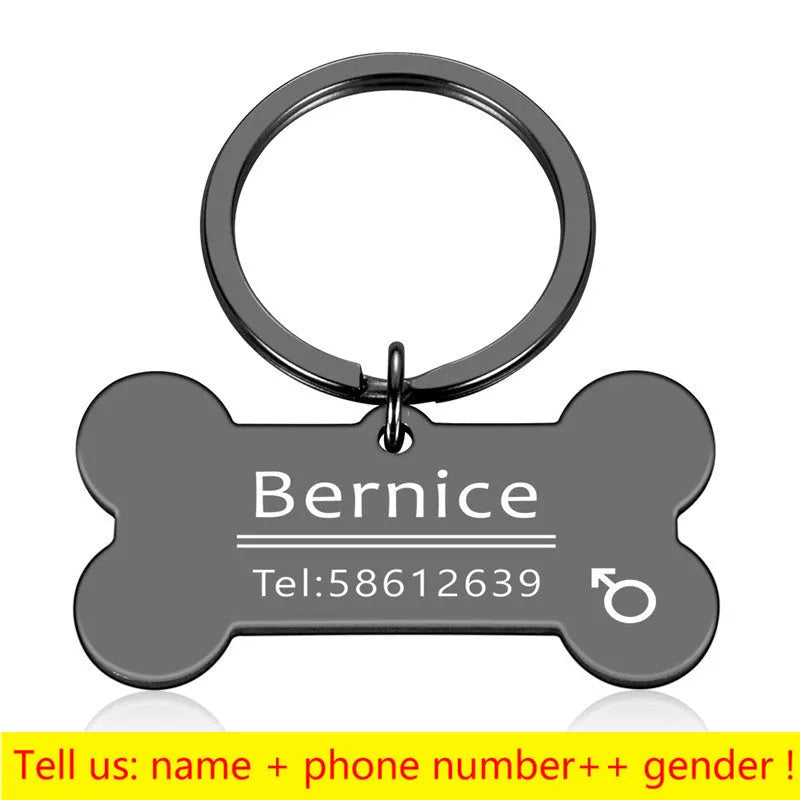 Stainless steel dog bone shaped pet identity tag in natural style with collar attachment ring