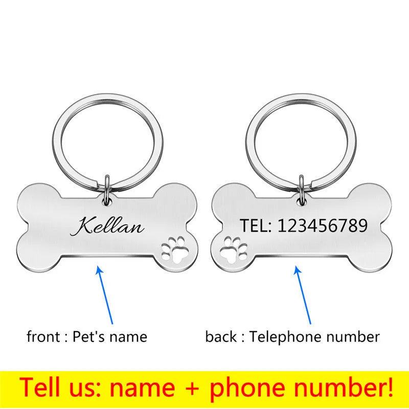 Stainless steel dog bone shaped pet identity tag in natural style with collar attachment ring