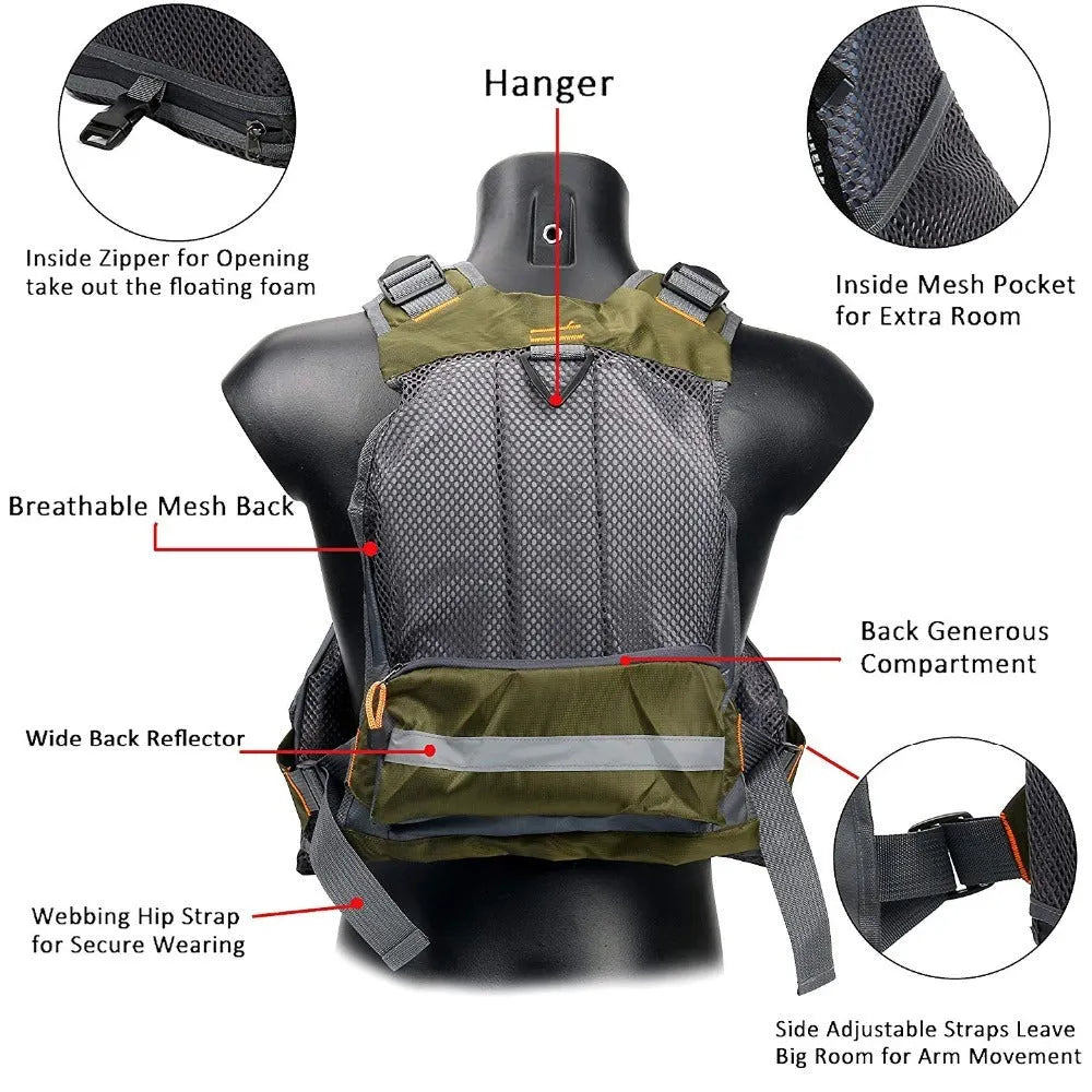 Grey adjustable fishing life jacket with multiple chest pockets and reflective shoulder strips.