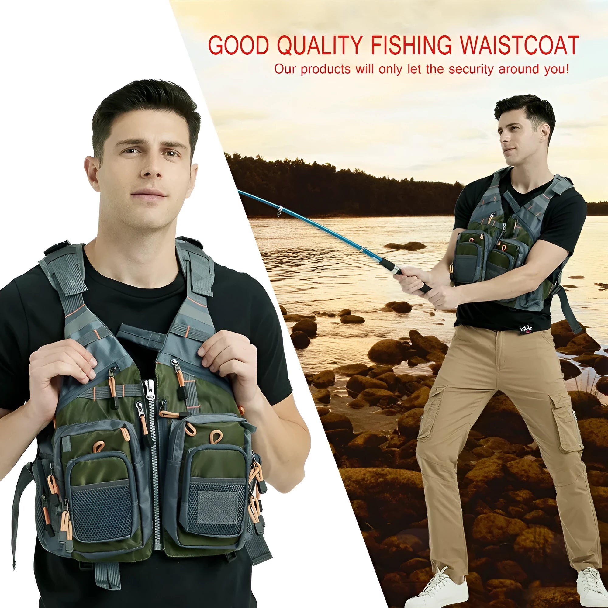 Grey adjustable fishing life jacket with multiple chest pockets and reflective shoulder strips.