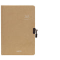 Hardcover A5 diary notebook with lock, shown in beige camel and ya black colour options.
