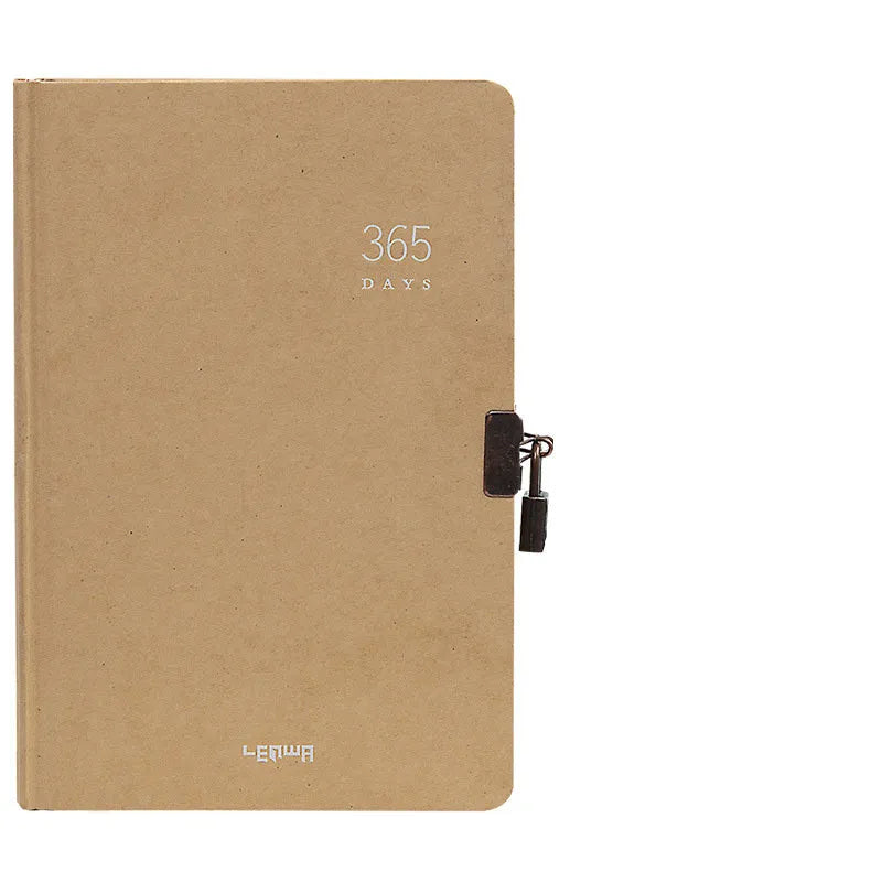 Hardcover A5 diary notebook with lock, shown in beige camel and ya black colour options.