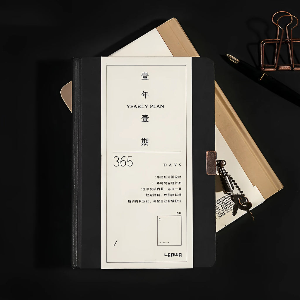 Hardcover A5 diary notebook with lock, shown in beige camel and ya black colour options.