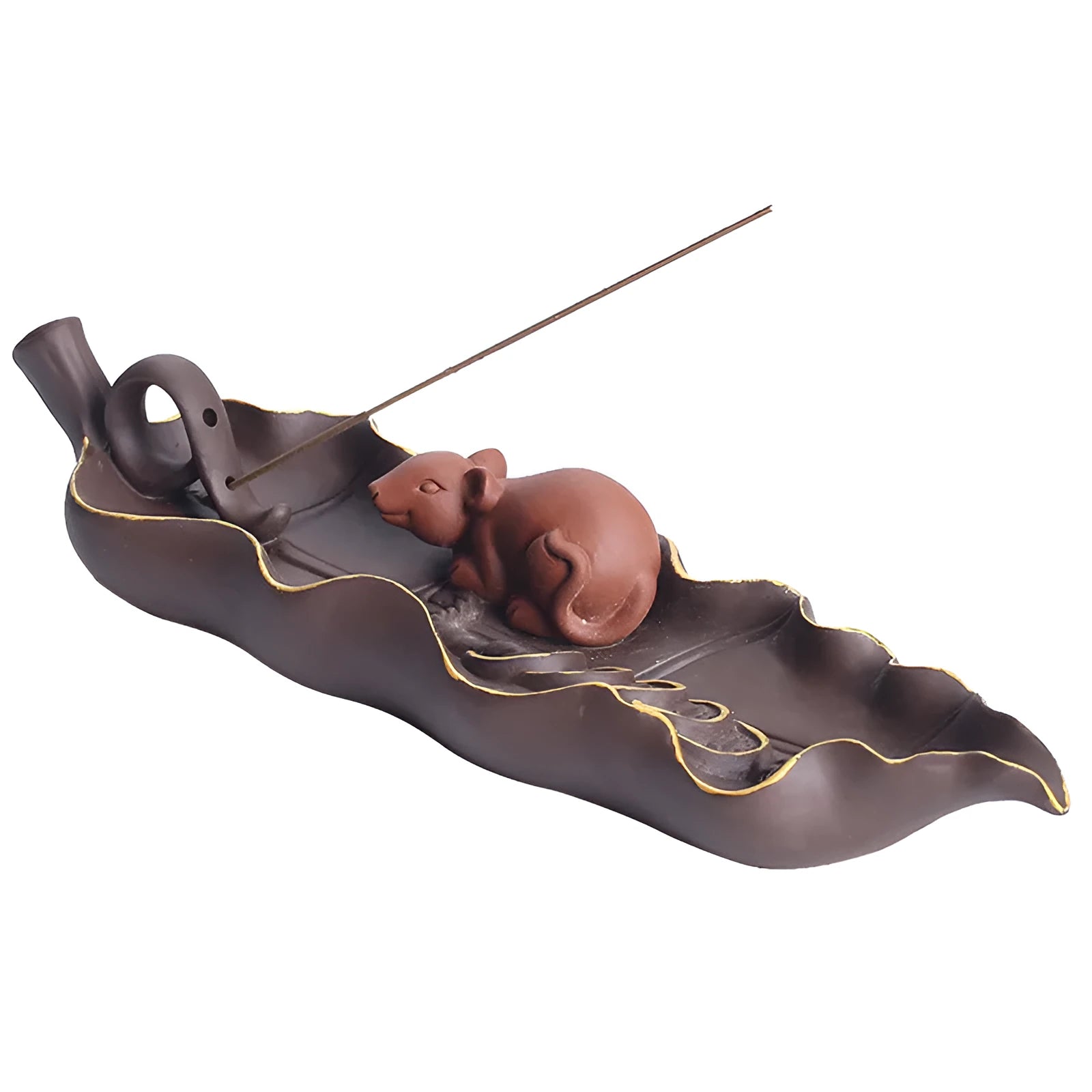 Purple clay ceramic lying incense burner with golden rat decorative design