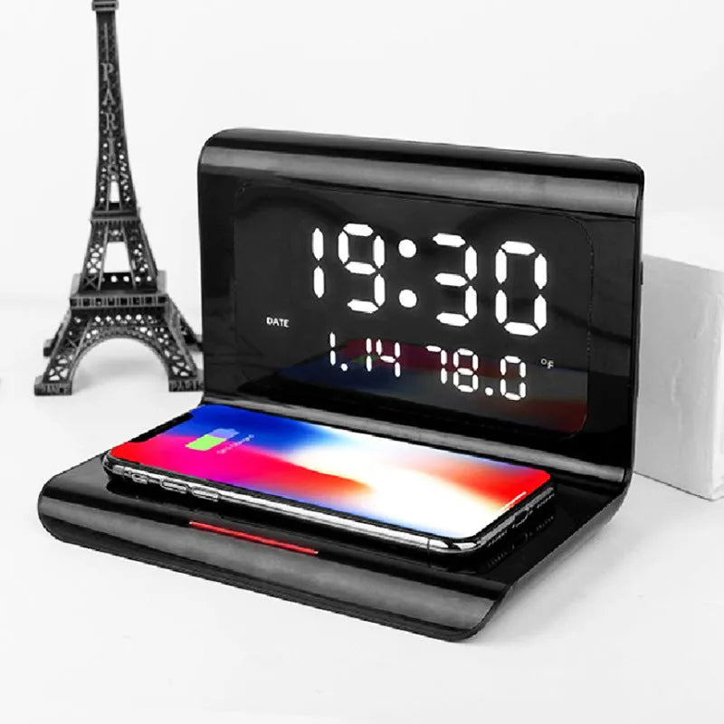 Wireless charger alarm clock with calendar display showing temperature and humidity readings