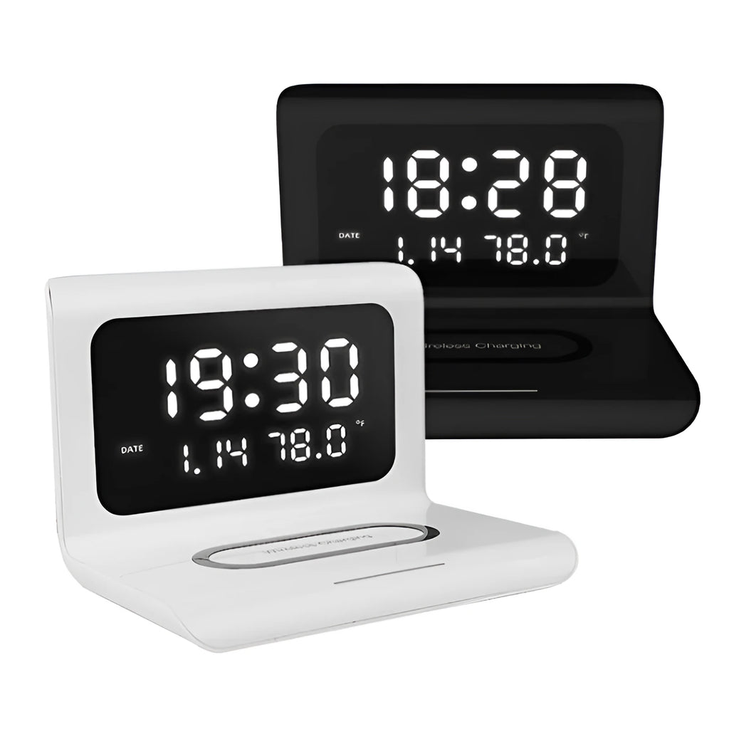 Wireless charger alarm clock with calendar display showing temperature and humidity readings