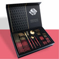 24-piece 304 stainless steel cutlery set in a gift box, showing knife, fork and spoon with polished finish