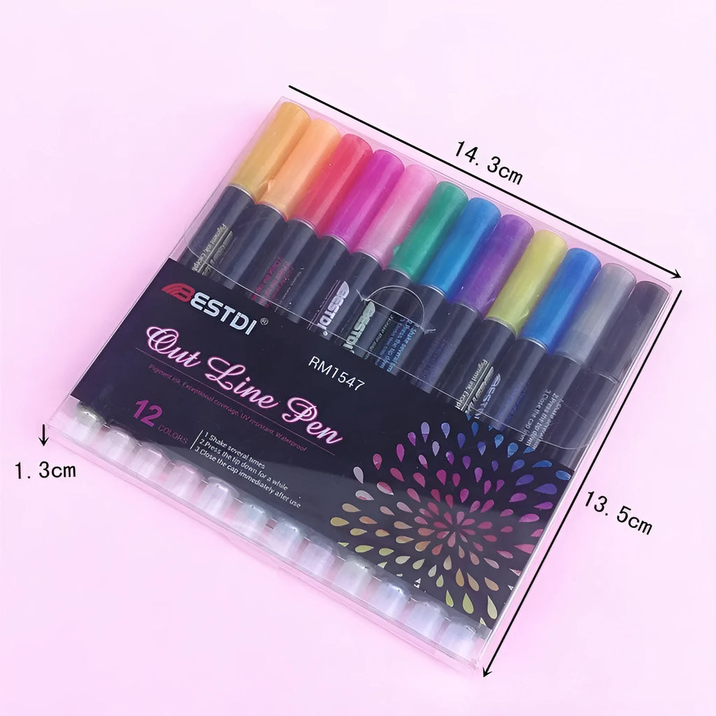 Twelve-colour double-line contour pen set in plastic construction with compact box packaging