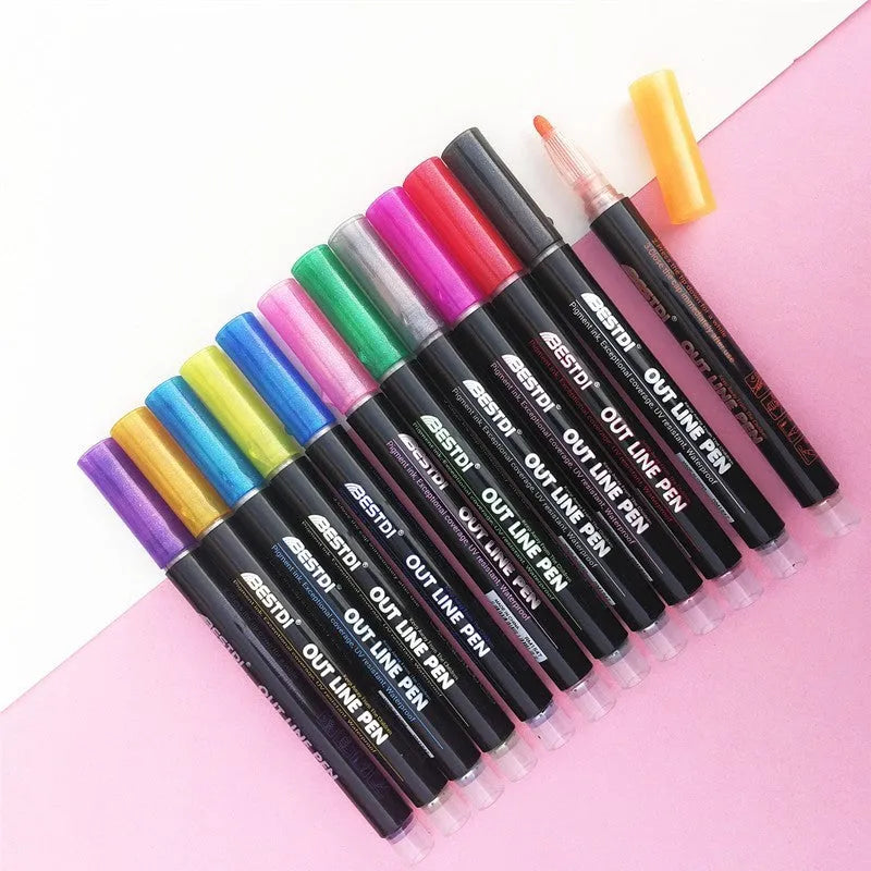 Twelve-colour double-line contour pen set in plastic construction with compact box packaging