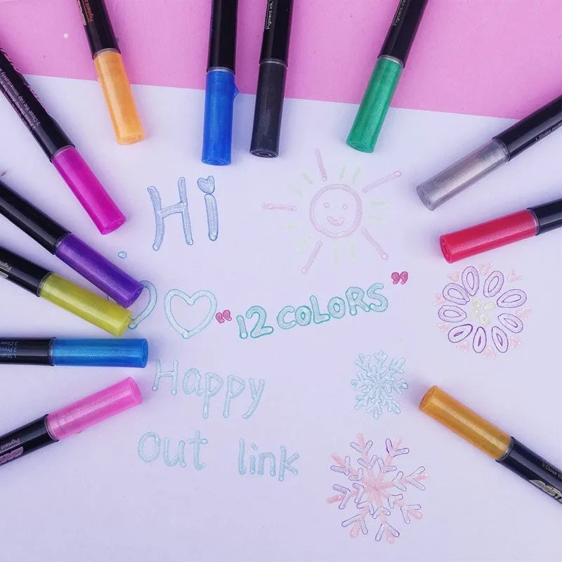Twelve-colour double-line contour pen set in plastic construction with compact box packaging
