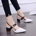 Women's closed-toe sandals with thick heel, rubber sole, and one-strap buckle in beige, sizes 34-42