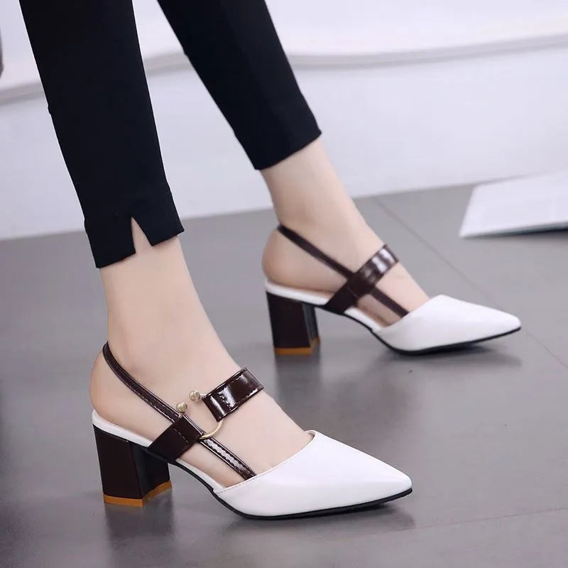 Women's closed-toe sandals with thick heel, rubber sole, and one-strap buckle in beige, sizes 34-42