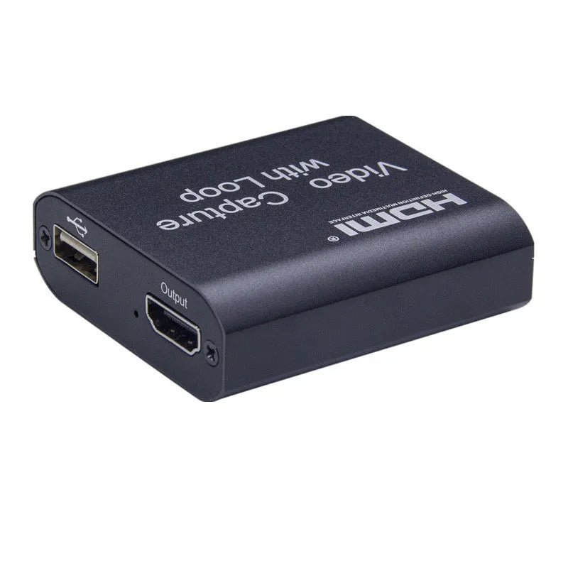 Black HDMI 4K video capture card with USB interface and loop out port