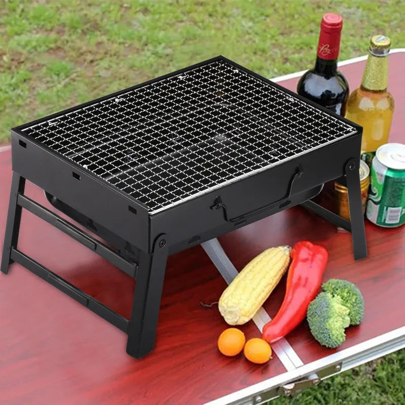 Black folding portable charcoal barbecue rack with iron chrome plated grill, 35x27 cm cooking area