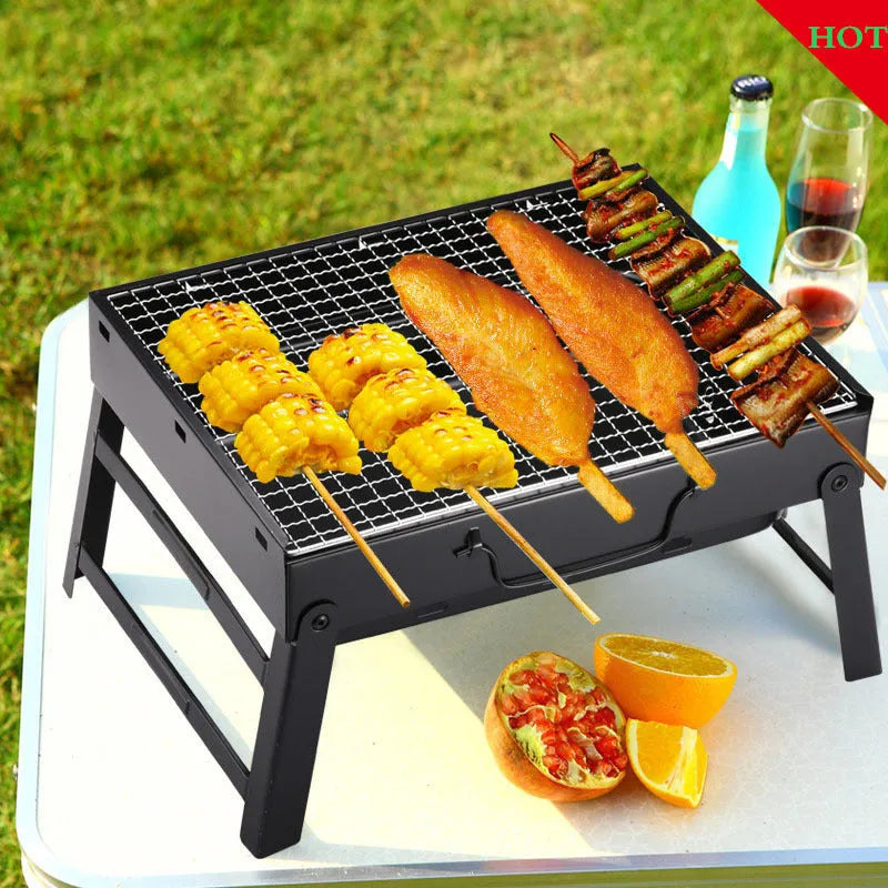 Black folding portable charcoal barbecue rack with iron chrome plated grill, 35x27 cm cooking area